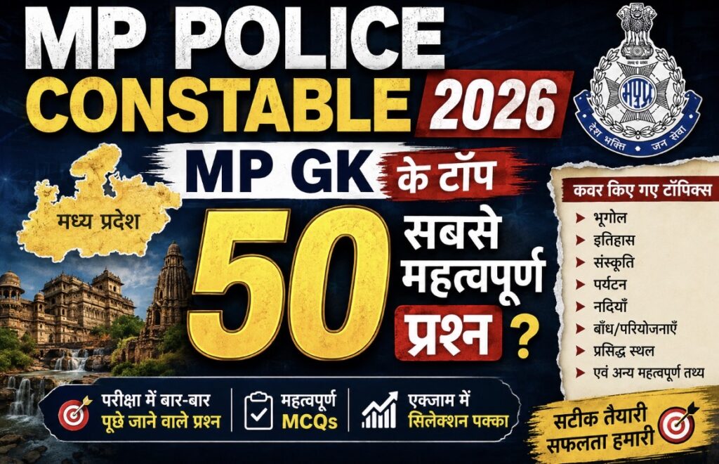 MP Police Constable 2026 | मध्य प्रदेश GK के टॉप 50 सबसे महत्वपूर्ण प्रश्न | परीक्षा में बार-बार पूछे जाने वाले MCQs