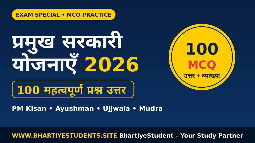 भारत की प्रमुख सरकारी योजनाएँ 2026 – 100 महत्वपूर्ण MCQ प्रश्न उत्तर
